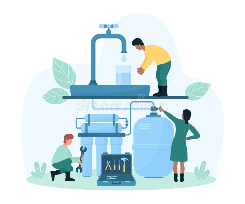 About Us water filter instalation home kitchen tiny people install purification system vector illustration cartoon maintenance 284616723