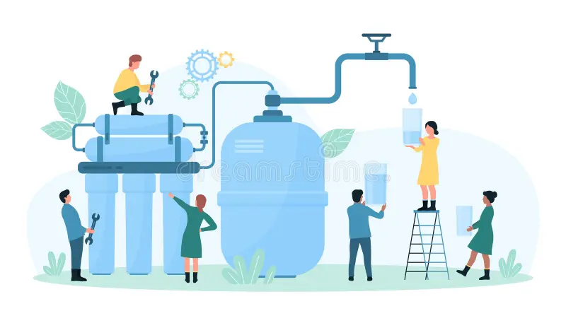 Contact water purification service vector illustration cartoon tiny people repair system filters tanks pipes filtration 284786020